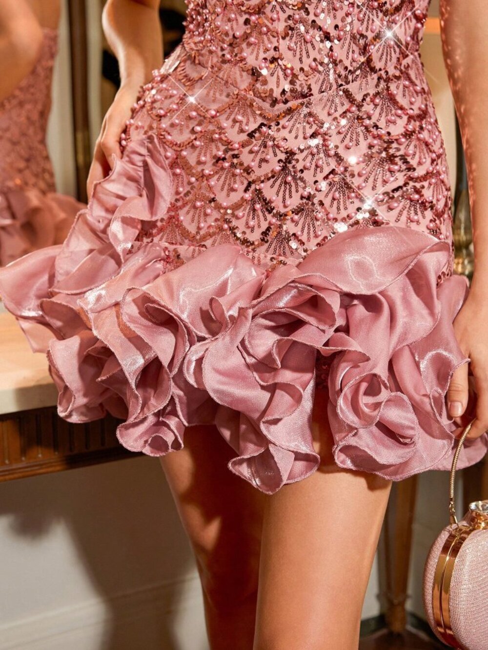Pink Elegant Mini Strapless Women's V-Neck Party Dress with Rhinestone Sequins - Picture 6 of 8
